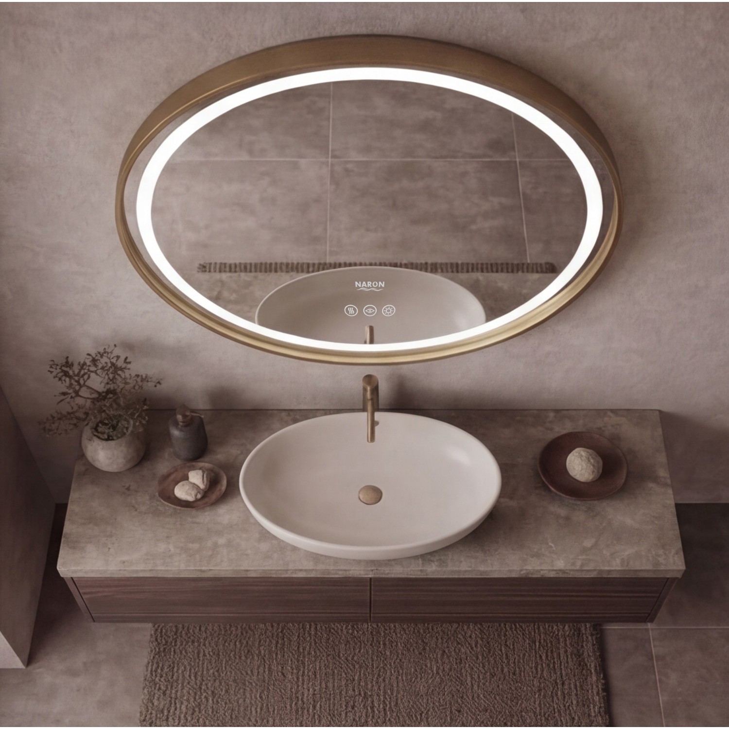 Naron Στρογγυλός Καθρέπτης Μπάνιου Led Αφής Με Brushed Gold Πλαίσιο Αλουμινίου 4εκ. Αντιθαμβωτική Λειτουργία  NR4648 BRUSHED GOLD