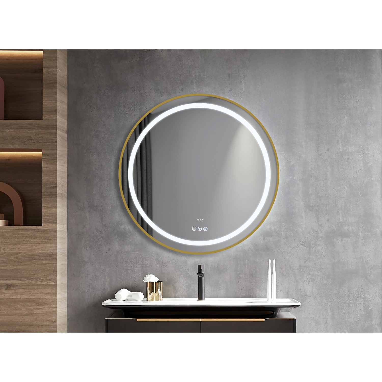 Naron Στρογγυλός Καθρέπτης Μπάνιου Led Αφής Με Brushed Gold Πλαίσιο Αλουμινίου 4εκ. Αντιθαμβωτική Λειτουργία  NR4648 BRUSHED GOLD