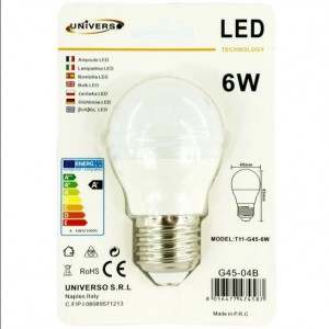 Λάμπα led σφαιρική Φ45 Ε27 6W 230V 6400k ψυχρό λευκό φως 540lumen γωνία θέασης 200°