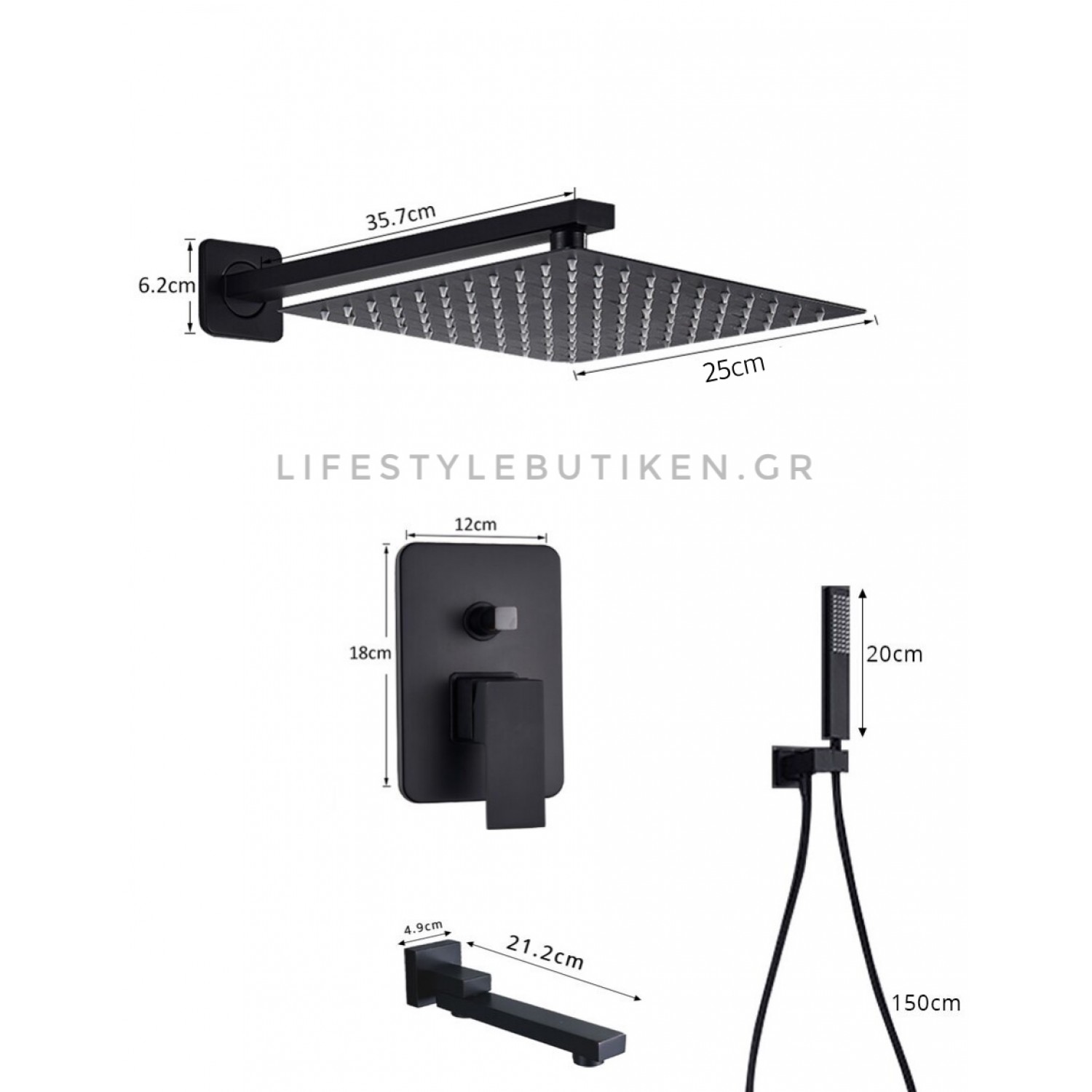 NARON Σετ Εντοιχιζόμενο Σύστημα Ντουζ 3 εξόδων Μαύρο Ματ CZ4034