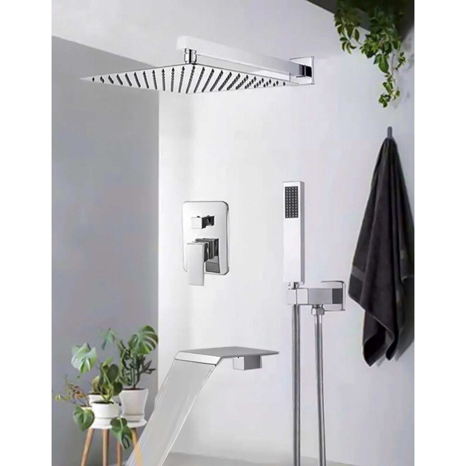 NARON Σετ Εντοιχιζόμενο Σύστημα Ντουζ 30 Εκατοστών Τριών Εξόδων Καταράκτη NR4035 CHROME