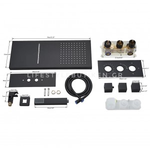 NARON Σετ Εντοιχιζόμενο Σύστημα Ντουζ Με Θερμοστατική Μπαταρία 3 εξόδων Καταρράκτης  NR-5010B BLACK MAT 