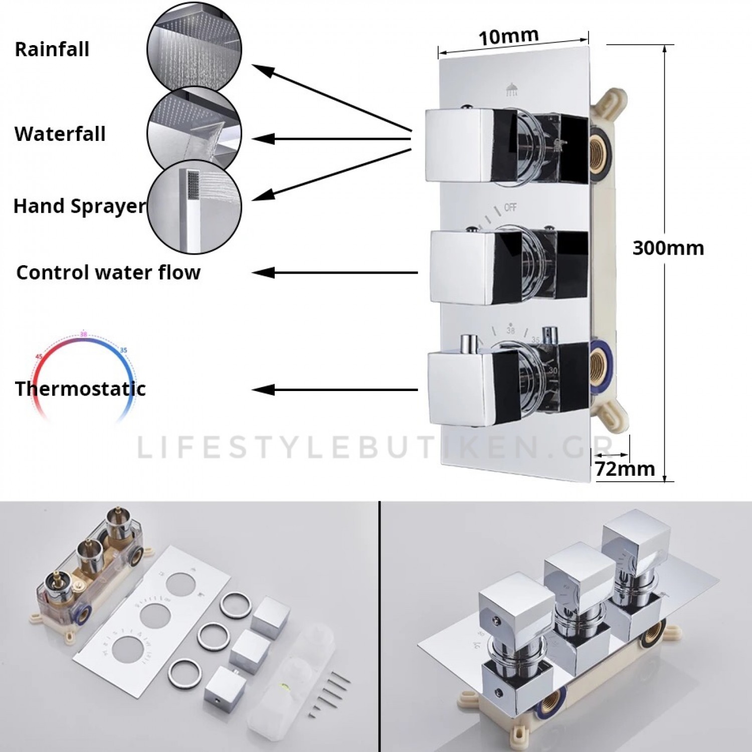 NARON Σετ Εντοιχιζόμενο Σύστημα Ντουζ Με Θερμοστατική Μπαταρία 3 εξόδων Καταρράκτης NR-5010C CHROME
