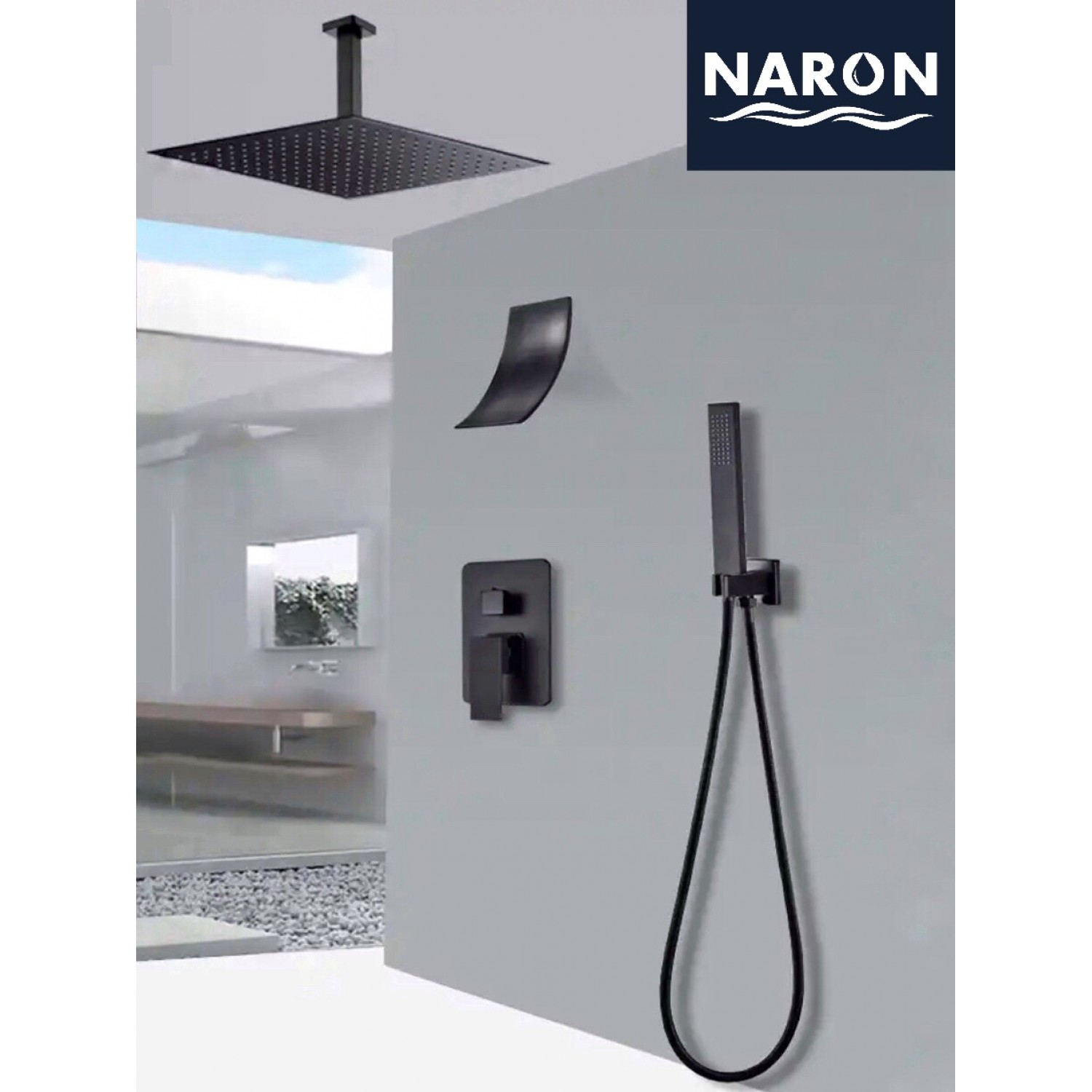NARON Σετ Εντοιχιζόμενο Σύστημα Ντουζ 30 Εκατοστών Τριών Εξόδων Καταράκτη Οροφής NR4037 BLACK MAT
