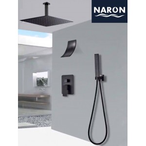 NARON Σετ Εντοιχιζόμενο Σύστημα Ντουζ 30 Εκατοστών Τριών Εξόδων Καταράκτη Οροφής NR4037 BLACK MAT