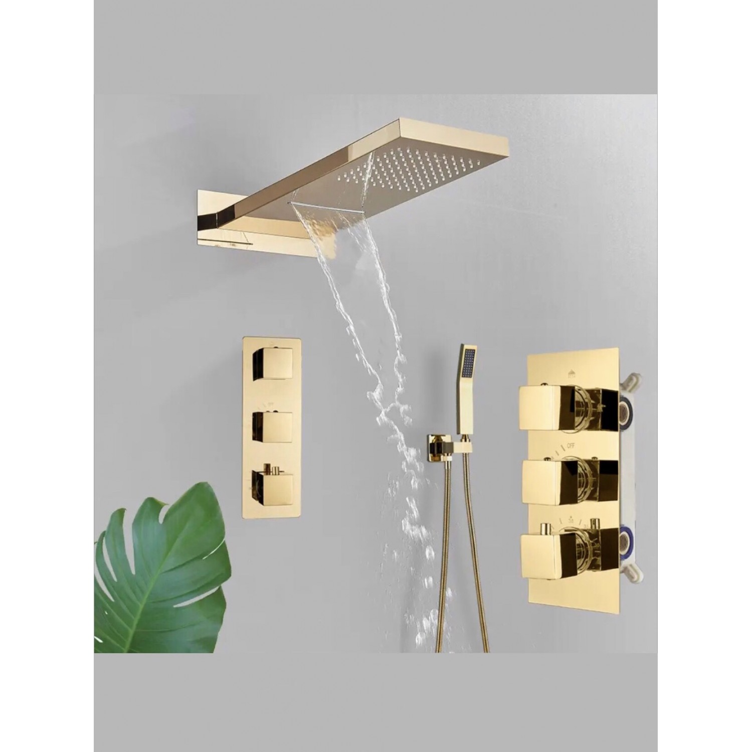 NARON Σετ Εντοιχιζόμενο Σύστημα Ντουζ Με Θερμοστατική Μπαταρία 3 εξόδων Καταρράκτης NR-5010 POLISHED GOLD