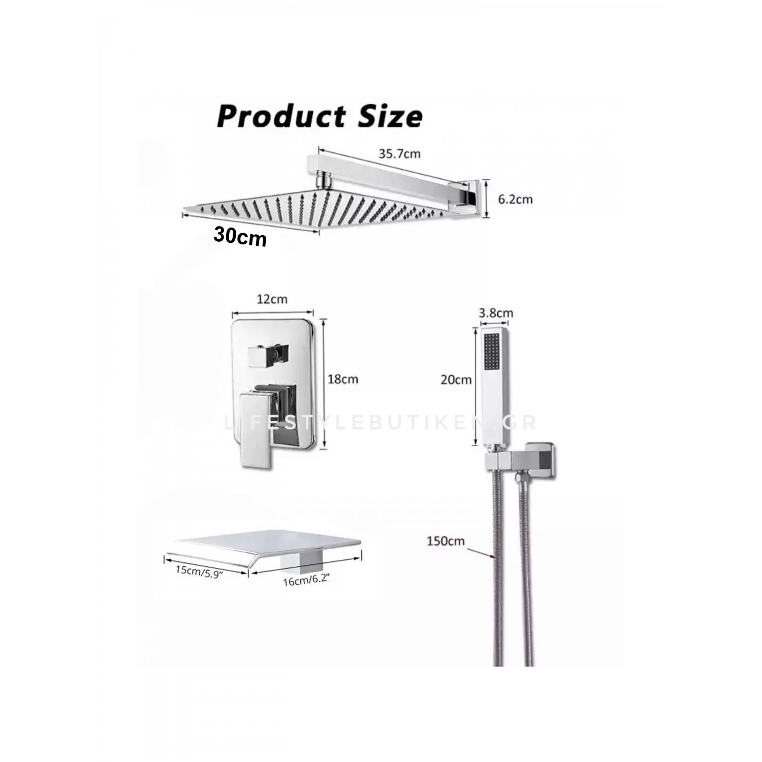 NARON Σετ Εντοιχιζόμενο Σύστημα Ντουζ 30 Εκατοστών Τριών Εξόδων Καταράκτη NR4035 CHROME