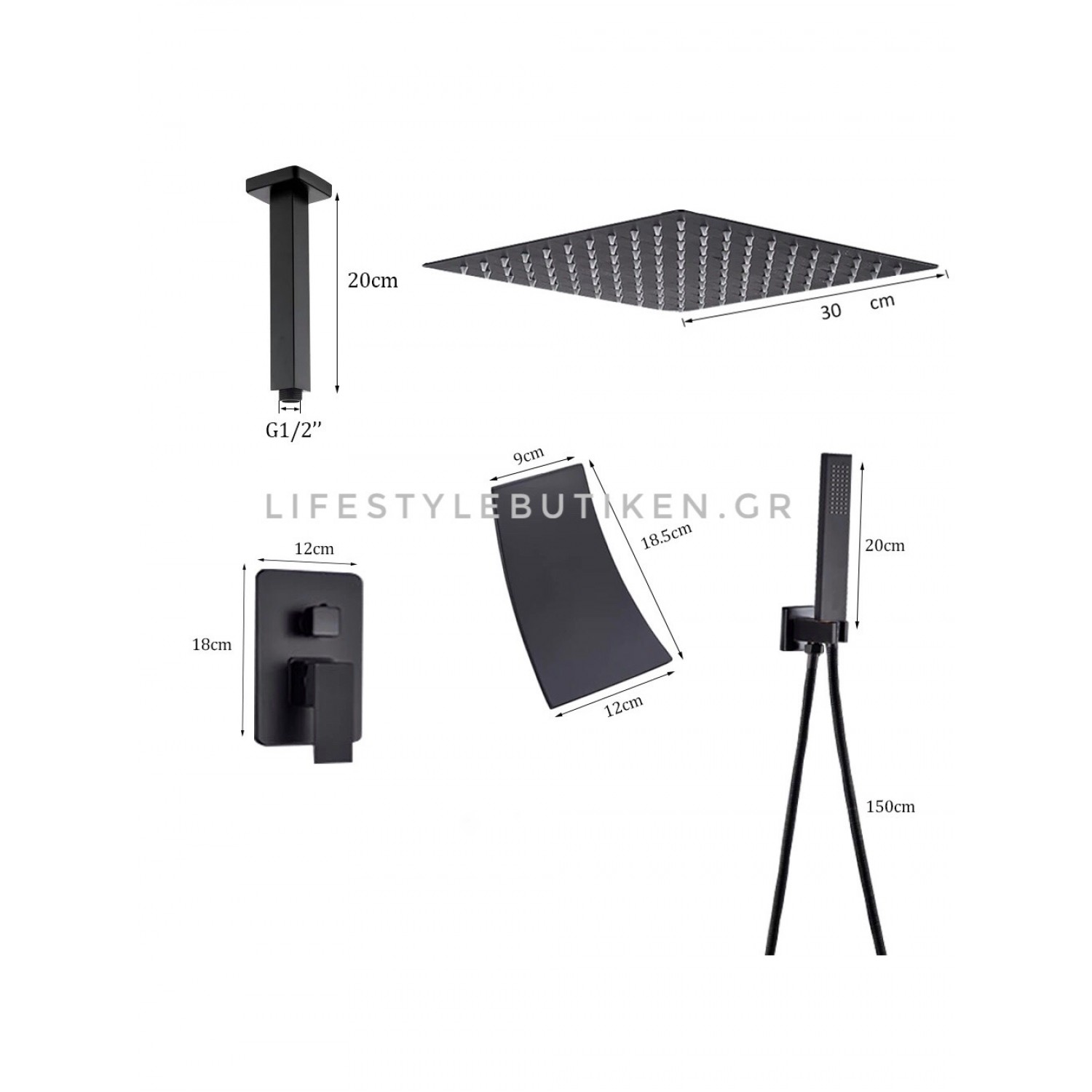 NARON Σετ Εντοιχιζόμενο Σύστημα Ντουζ 30 Εκατοστών Τριών Εξόδων Καταράκτη Οροφής NR4037 BLACK MAT