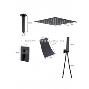 NARON Σετ Εντοιχιζόμενο Σύστημα Ντουζ 30 Εκατοστών Τριών Εξόδων Καταράκτη Οροφής NR4037 BLACK MAT