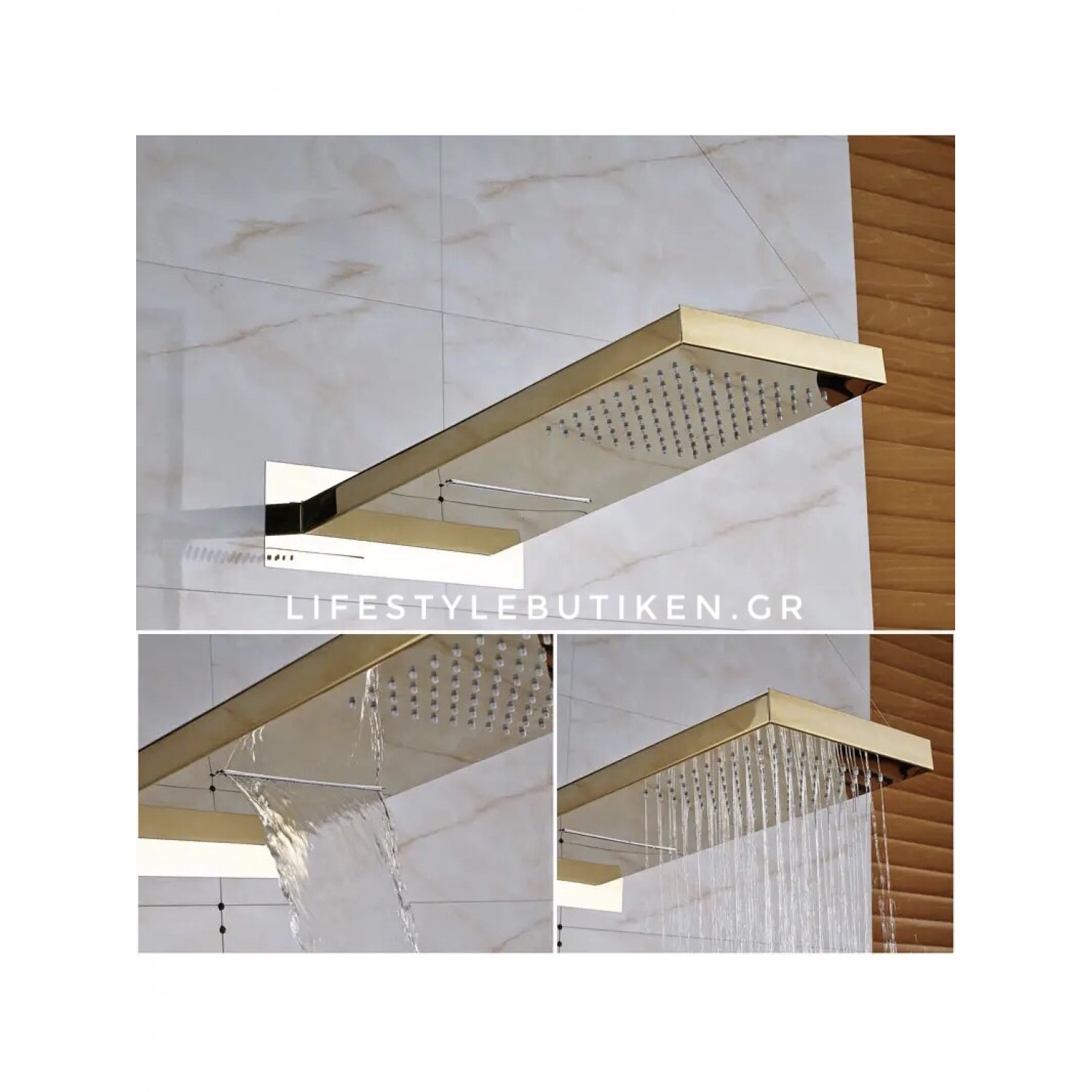 NARON Σετ Εντοιχιζόμενο Σύστημα Ντουζ Με Θερμοστατική Μπαταρία 3 εξόδων Καταρράκτης NR-5010 POLISHED GOLD