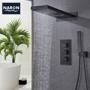 NARON Σετ Εντοιχιζόμενο Σύστημα Ντουζ Με Θερμοστατική Μπαταρία 3 εξόδων Καταρράκτης  NR-5010B BLACK MAT 