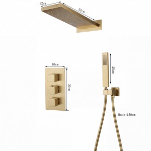 NARON Σετ Εντοιχιζόμενο Σύστημα Ντουζ Με Θερμοστατική Μπαταρία 3 εξόδων Καταρράκτης NR-5010 BRUSHED GOLD