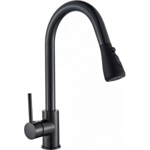 Μπαταρία Κουζίνας BLACK Με Περιστρεφόμενο Ρουξούνι και Συρόμενο Ντους Διπλής Ροής Υψος Βρύσης 41,5 εκατοστά