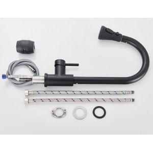 Μπαταρία Κουζίνας BLACK Με Περιστρεφόμενο Ρουξούνι και Συρόμενο Ντους Διπλής Ροής Υψος Βρύσης 41,5 εκατοστά