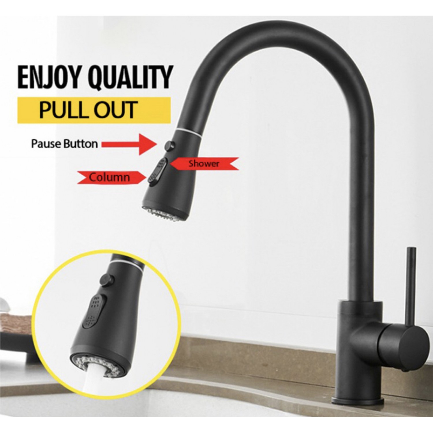 Μπαταρία Κουζίνας BLACK Με Περιστρεφόμενο Ρουξούνι και Συρόμενο Ντους Διπλής Ροής Υψος Βρύσης 41,5 εκατοστά