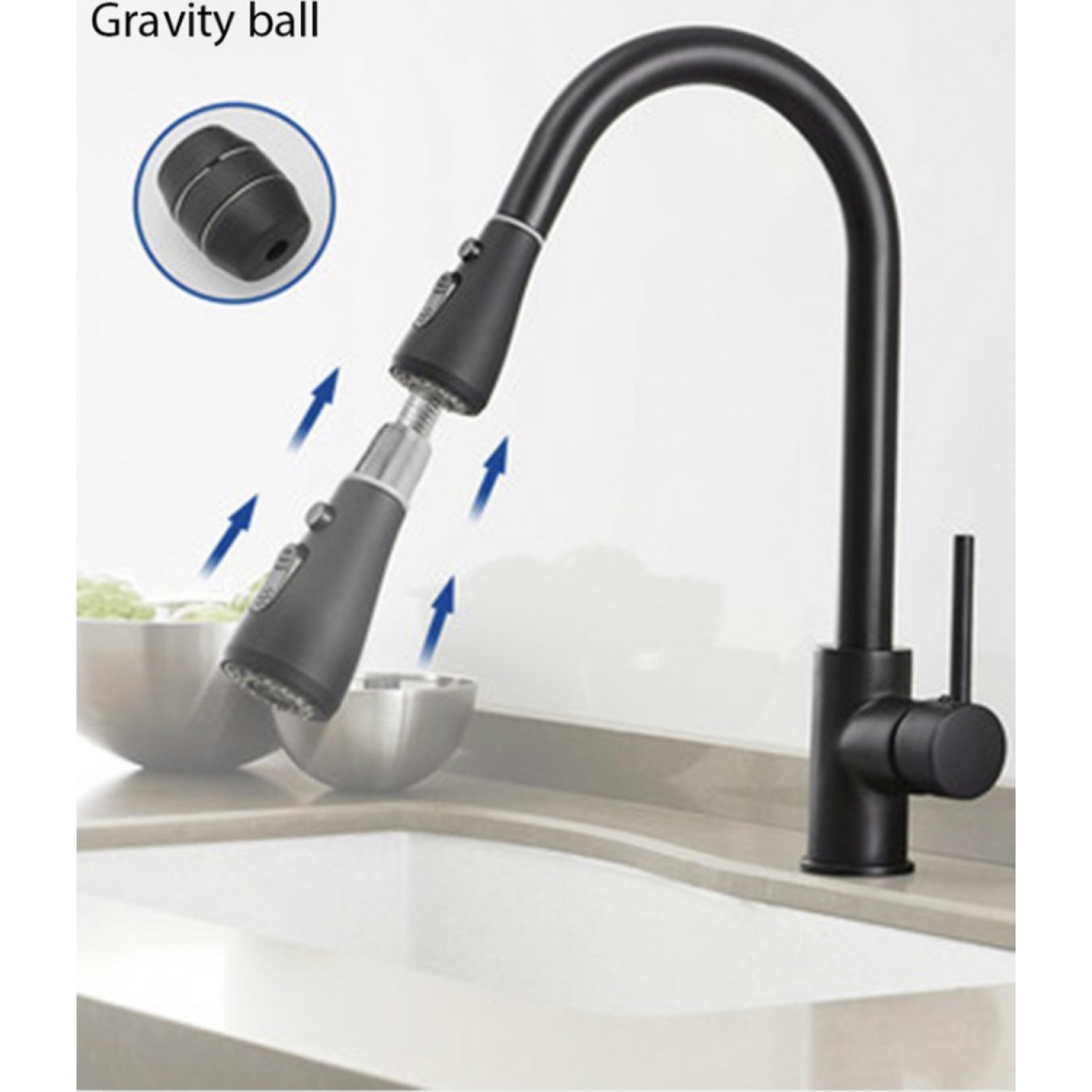 Μπαταρία Κουζίνας BLACK Με Περιστρεφόμενο Ρουξούνι και Συρόμενο Ντους Διπλής Ροής Υψος Βρύσης 41,5 εκατοστά