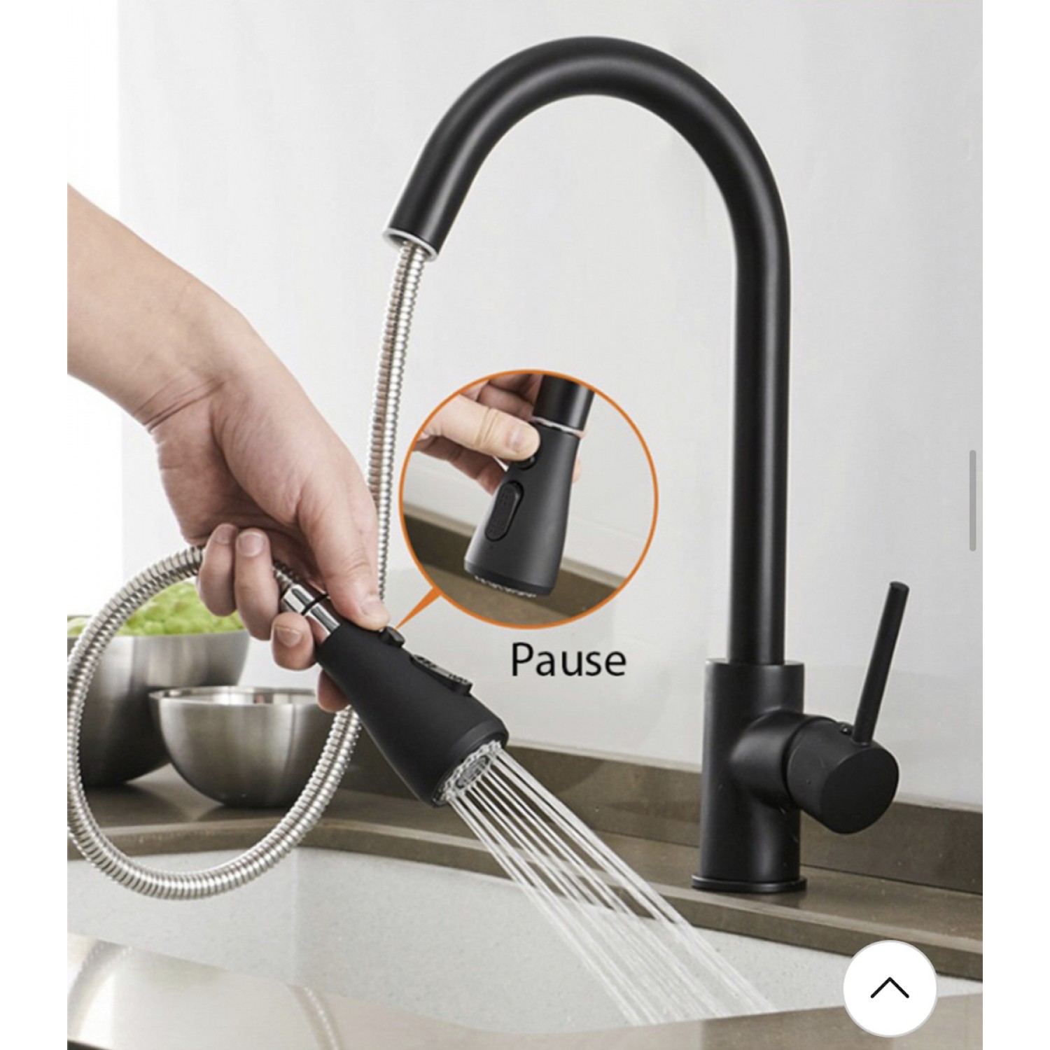 Μπαταρία Κουζίνας BLACK Με Περιστρεφόμενο Ρουξούνι και Συρόμενο Ντους Διπλής Ροής Υψος Βρύσης 41,5 εκατοστά