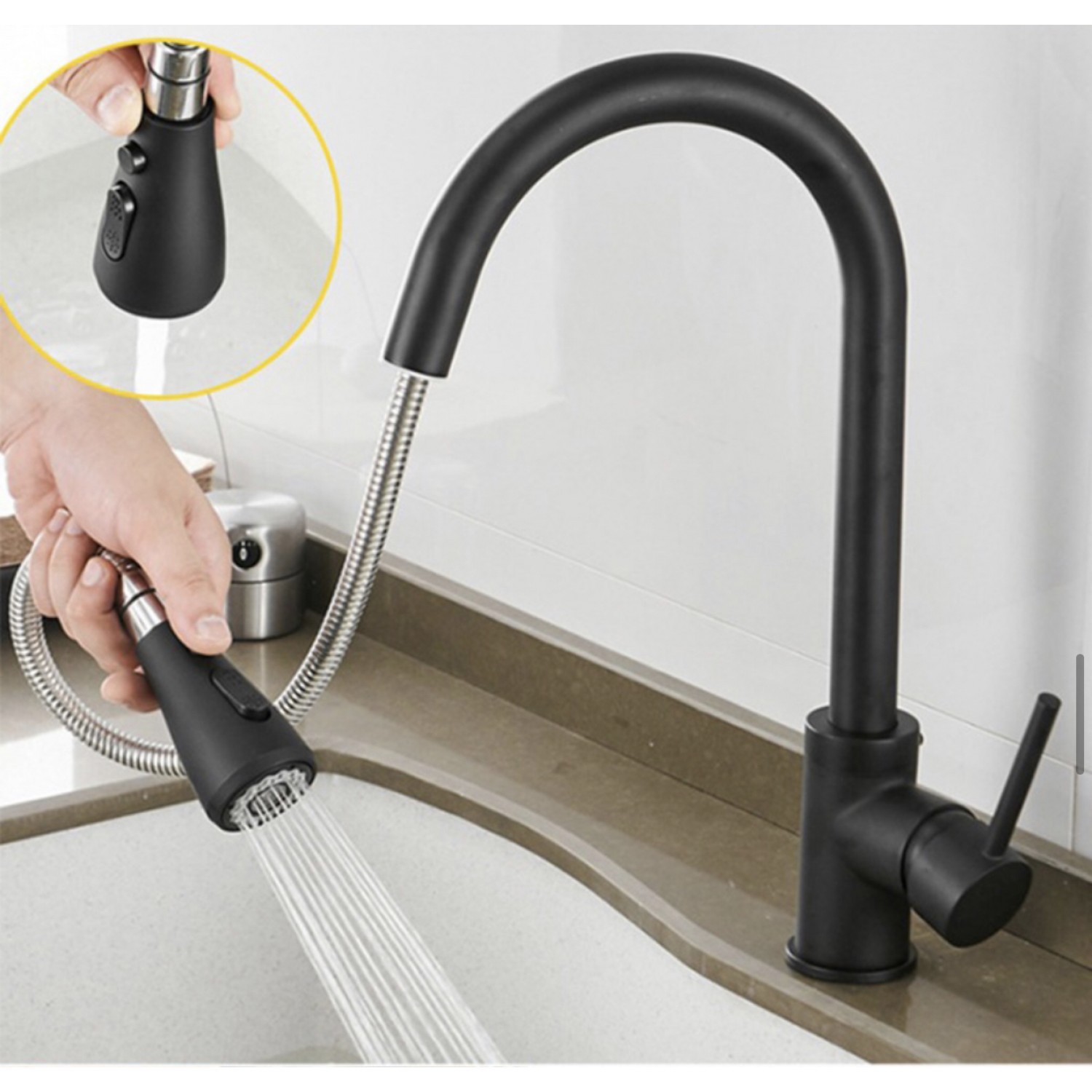 Μπαταρία Κουζίνας BLACK Με Περιστρεφόμενο Ρουξούνι και Συρόμενο Ντους Διπλής Ροής Υψος Βρύσης 41,5 εκατοστά