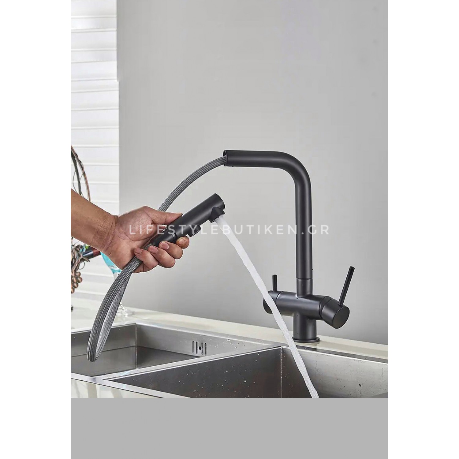 Τρίοδη Μπαταρία Κουζίνας με προεκτεινόμενο ντουζ STOCCO ST1199B BLACK MAT