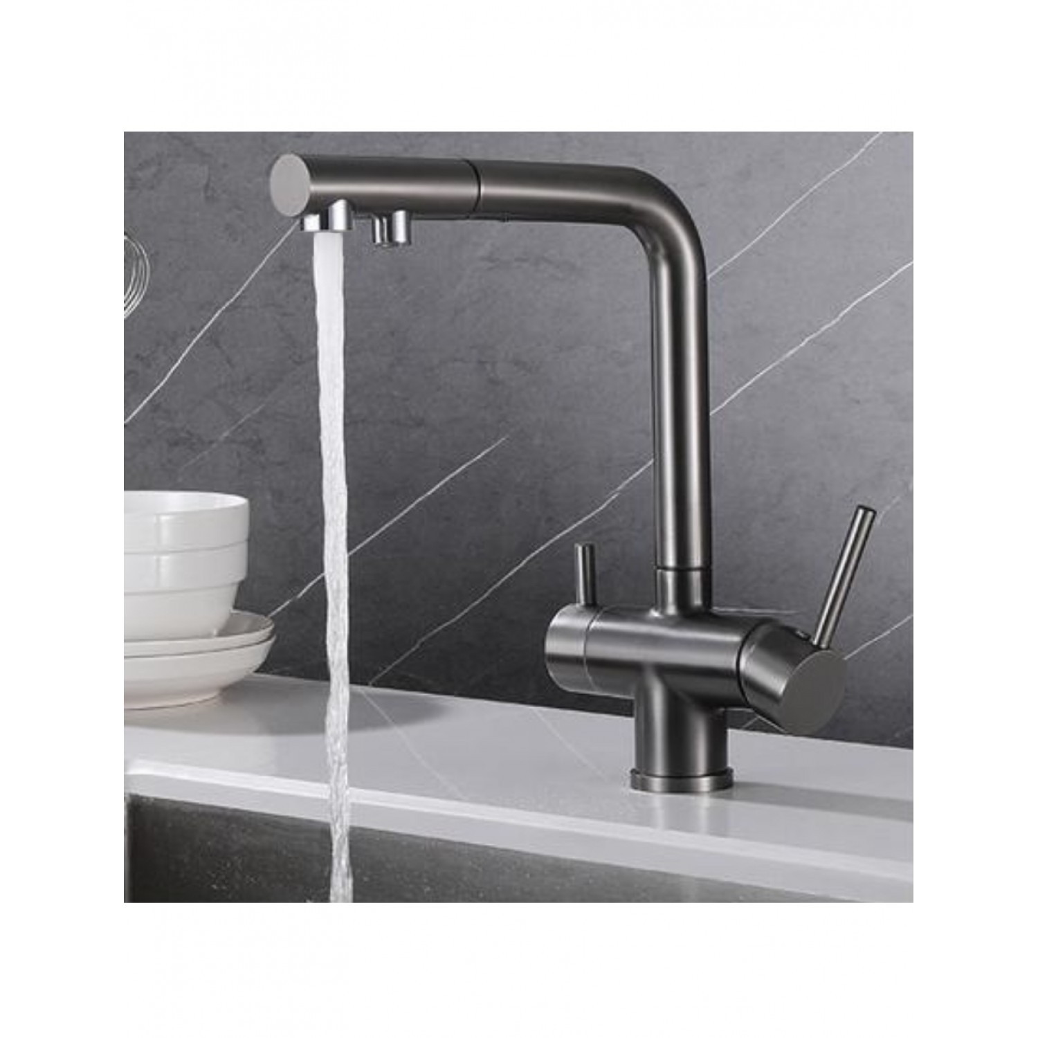 STOCCO Τρίοδη Μπαταρία Κουζίνας με προεκτεινόμενο ντουζ ST1199 Gun Grey