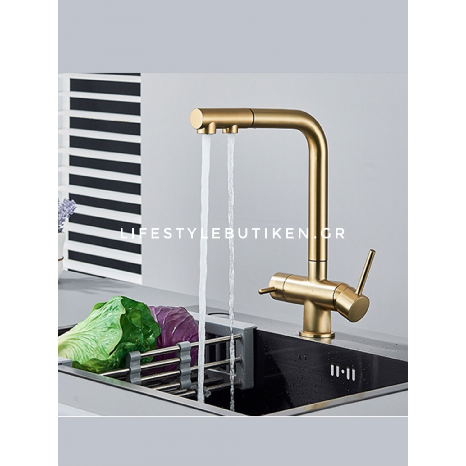 STOCCO Τρίοδη Μπαταρία Κουζίνας με προεκτεινόμενο ντουζ STOCCO ST1199BG BRUSHED GOLD