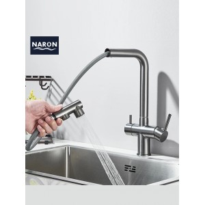 NARON Τρίοδη Μπαταρία Κουζίνας με προεκτεινόμενο ντουζ διπλής ροής NR1088 GUN METAL