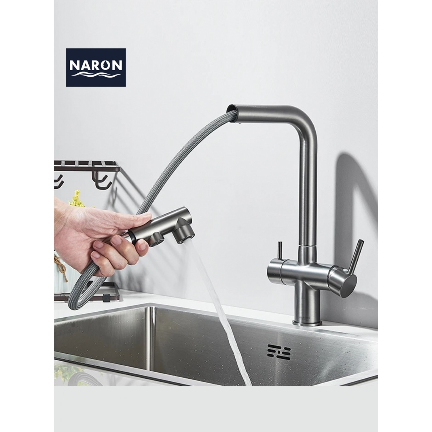 NARON Τρίοδη Μπαταρία Κουζίνας με προεκτεινόμενο ντουζ διπλής ροής NR1088 GUN METAL