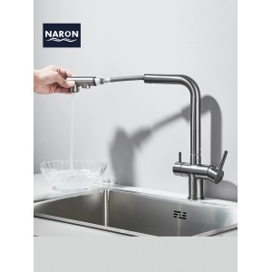 NARON Τρίοδη Μπαταρία Κουζίνας με προεκτεινόμενο ντουζ διπλής ροής NR1088 GUN METAL