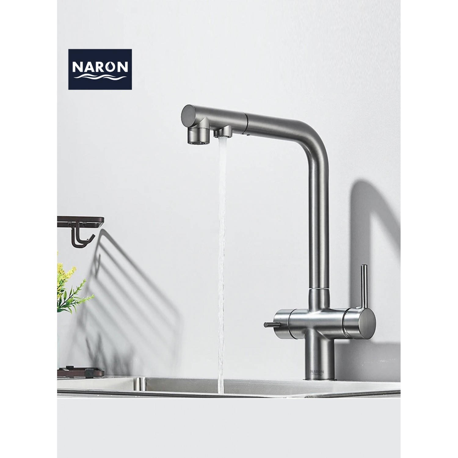 NARON Τρίοδη Μπαταρία Κουζίνας με προεκτεινόμενο ντουζ διπλής ροής NR1088 GUN METAL