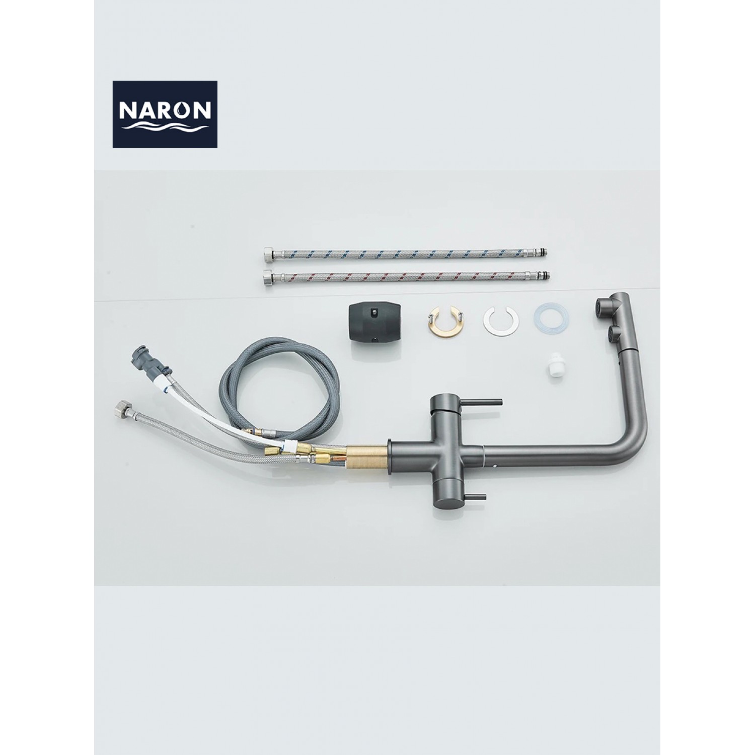 NARON Τρίοδη Μπαταρία Κουζίνας με προεκτεινόμενο ντουζ διπλής ροής NR1088 GUN METAL