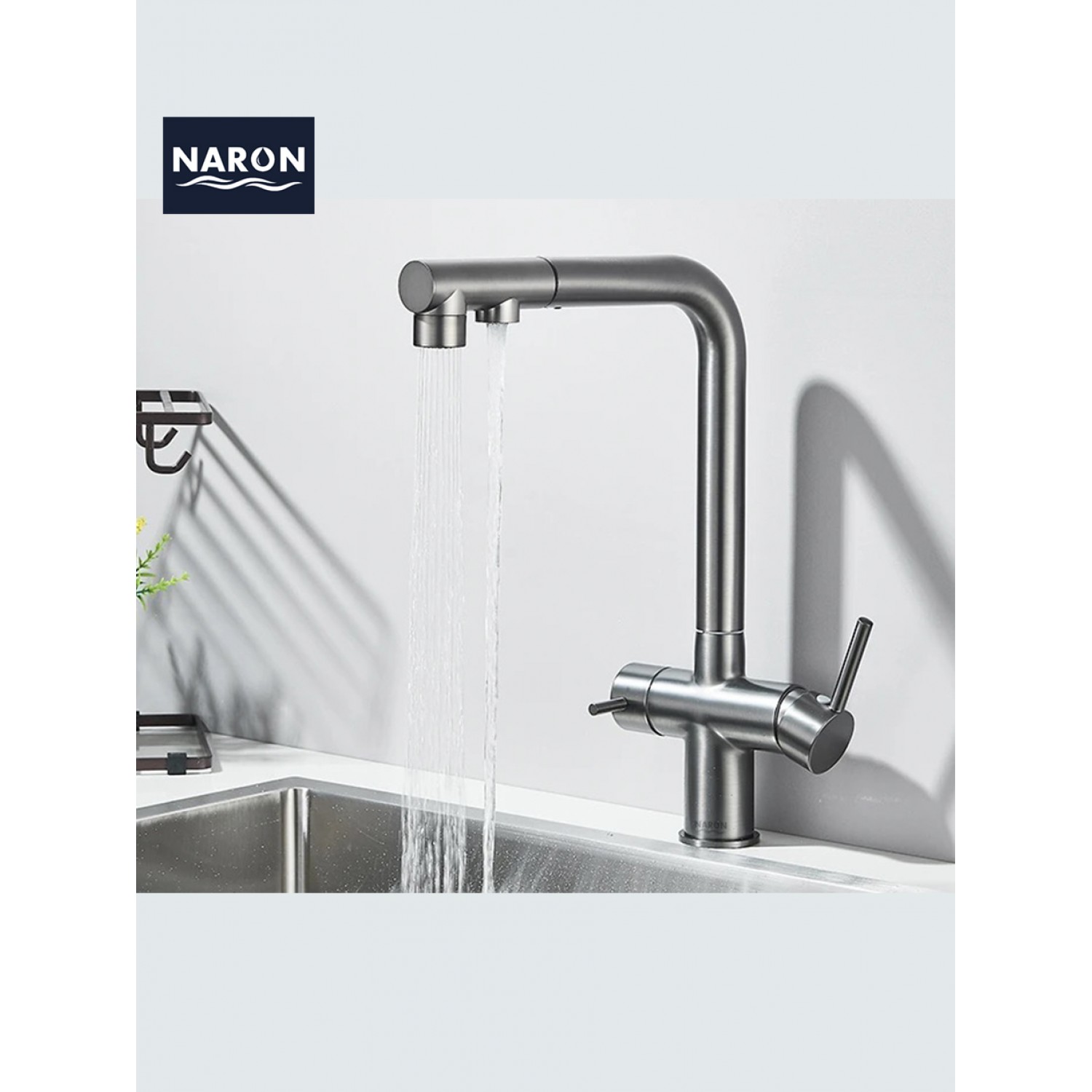NARON Τρίοδη Μπαταρία Κουζίνας με προεκτεινόμενο ντουζ διπλής ροής NR1088 GUN METAL