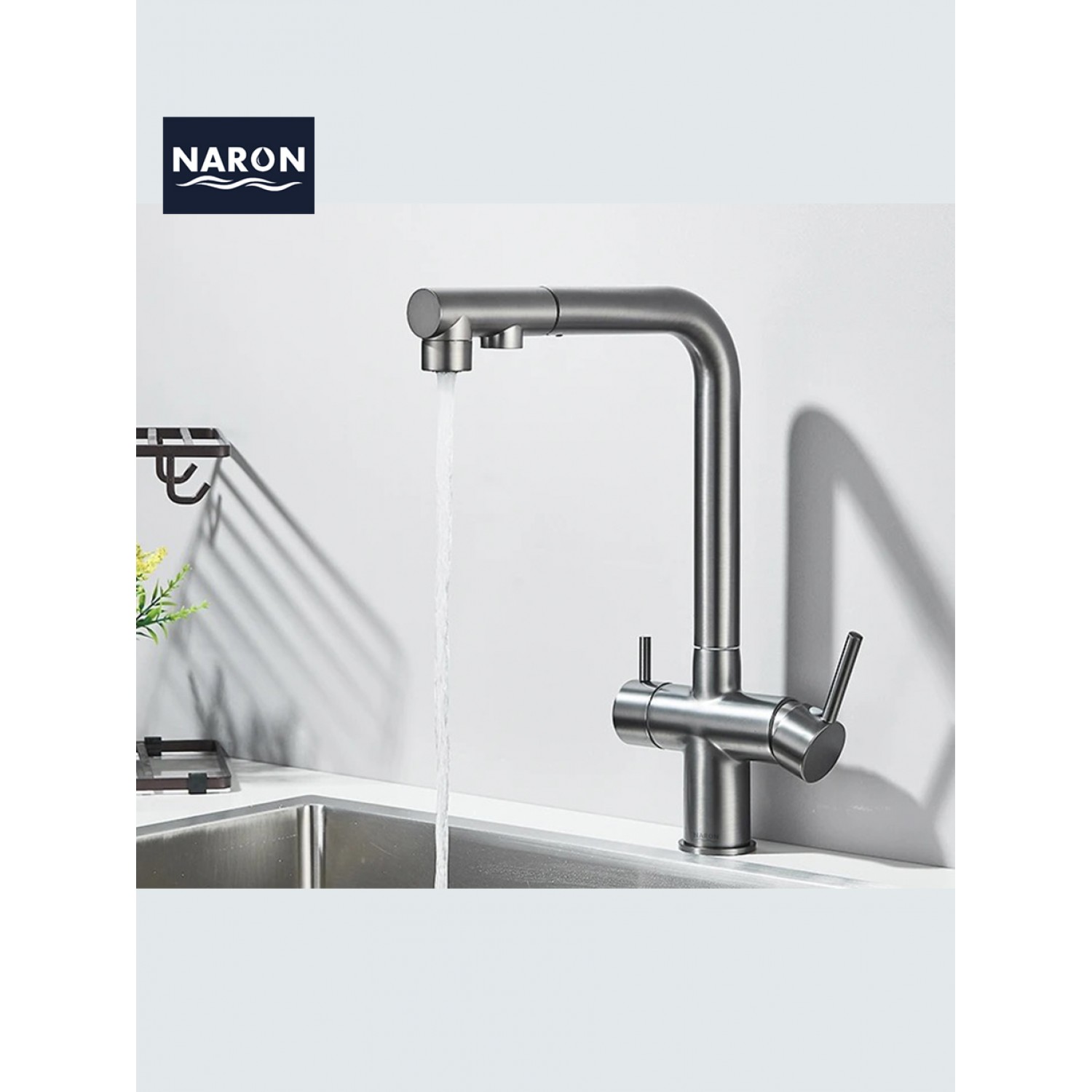 NARON Τρίοδη Μπαταρία Κουζίνας με προεκτεινόμενο ντουζ διπλής ροής NR1088 GUN METAL
