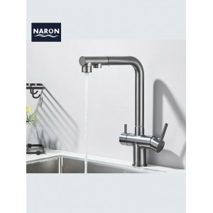 NARON Τρίοδη Μπαταρία Κουζίνας με προεκτεινόμενο ντουζ διπλής ροής NR1088 GUN METAL