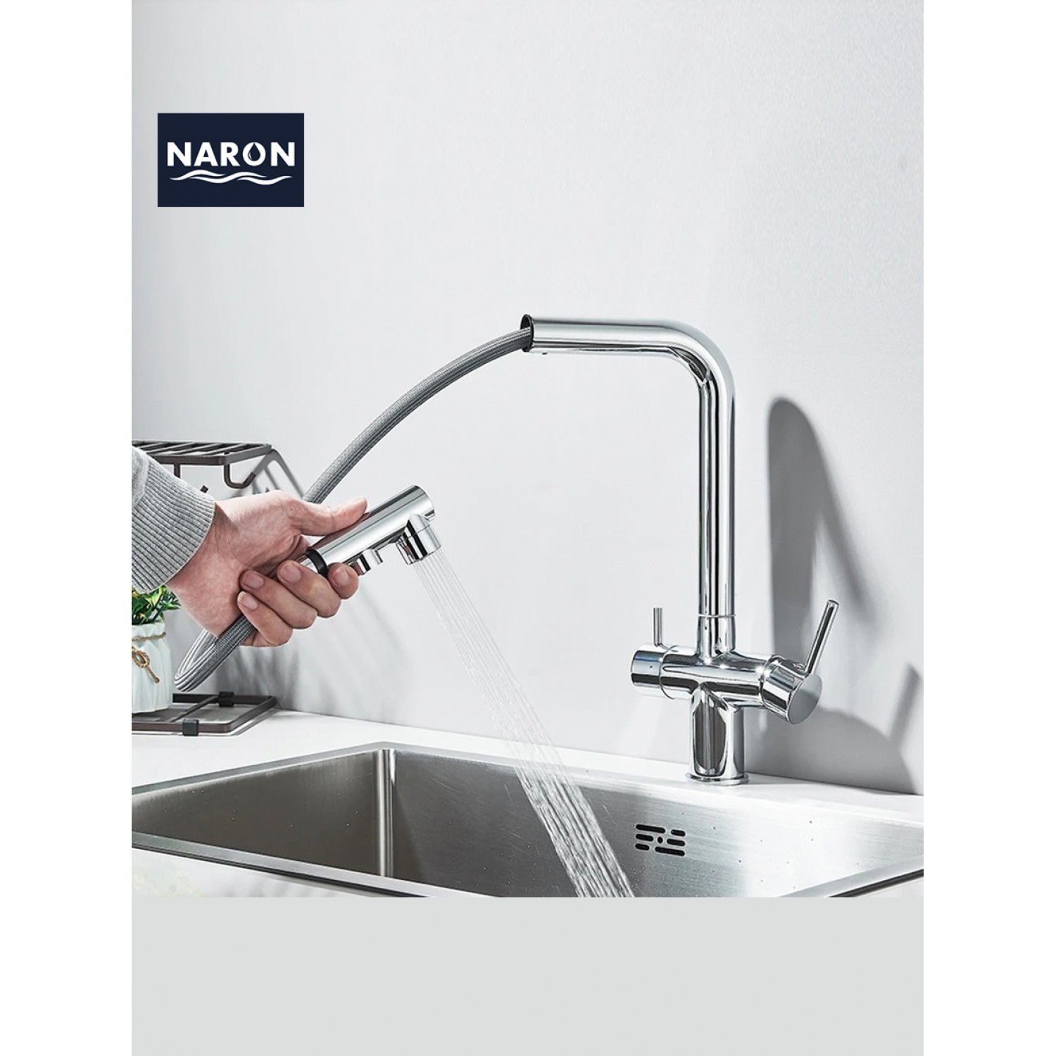 NARON Τρίοδη Μπαταρία Κουζίνας με προεκτεινόμενο ντουζ διπλής ροής NR1088 CHROME
