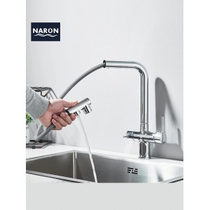 NARON Τρίοδη Μπαταρία Κουζίνας με προεκτεινόμενο ντουζ διπλής ροής NR1088 CHROME