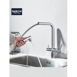 NARON Τρίοδη Μπαταρία Κουζίνας με προεκτεινόμενο ντουζ διπλής ροής NR1088 CHROME