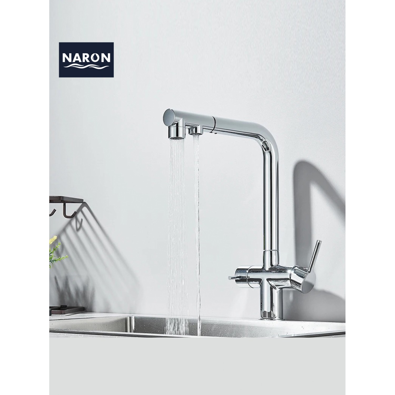 NARON Τρίοδη Μπαταρία Κουζίνας με προεκτεινόμενο ντουζ διπλής ροής NR1088 CHROME