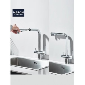 NARON Τρίοδη Μπαταρία Κουζίνας με προεκτεινόμενο ντουζ διπλής ροής NR1088 CHROME