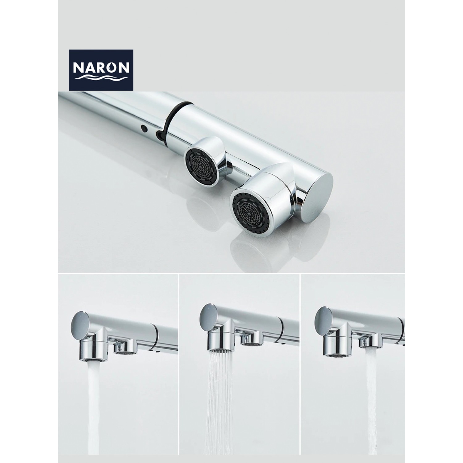 NARON Τρίοδη Μπαταρία Κουζίνας με προεκτεινόμενο ντουζ διπλής ροής NR1088 CHROME