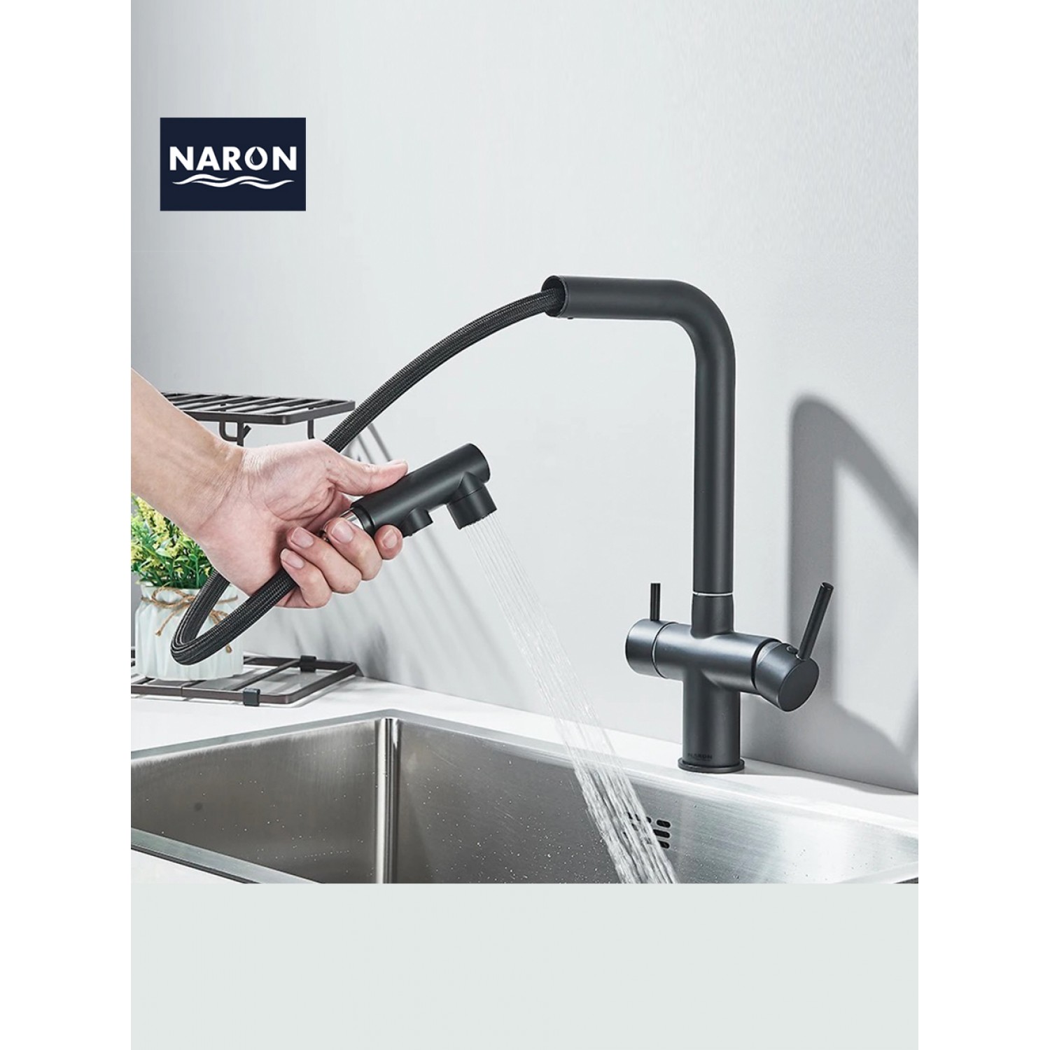 NARON Τρίοδη Μπαταρία Κουζίνας με προεκτεινόμενο ντουζ διπλής ροής NR1088 BLACK MAT
