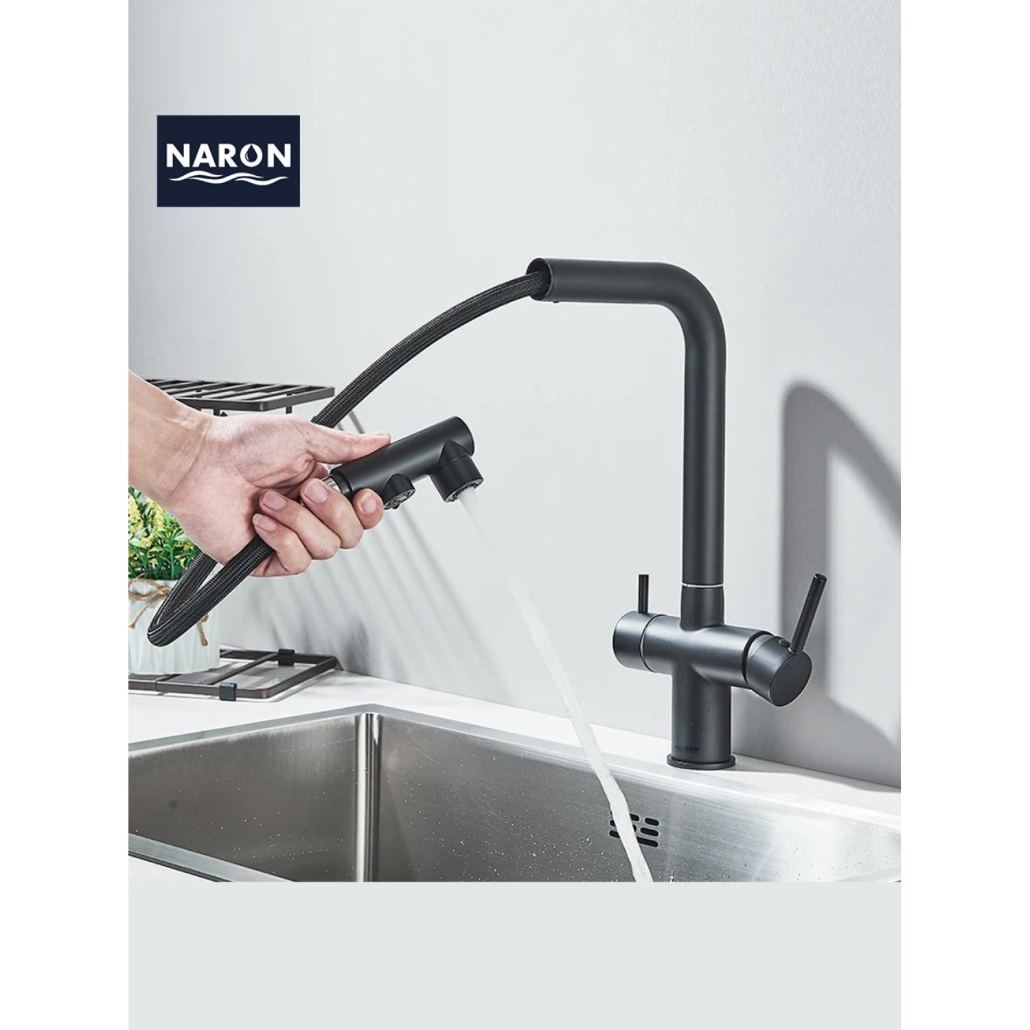 NARON Τρίοδη Μπαταρία Κουζίνας με προεκτεινόμενο ντουζ διπλής ροής NR1088 BLACK MAT