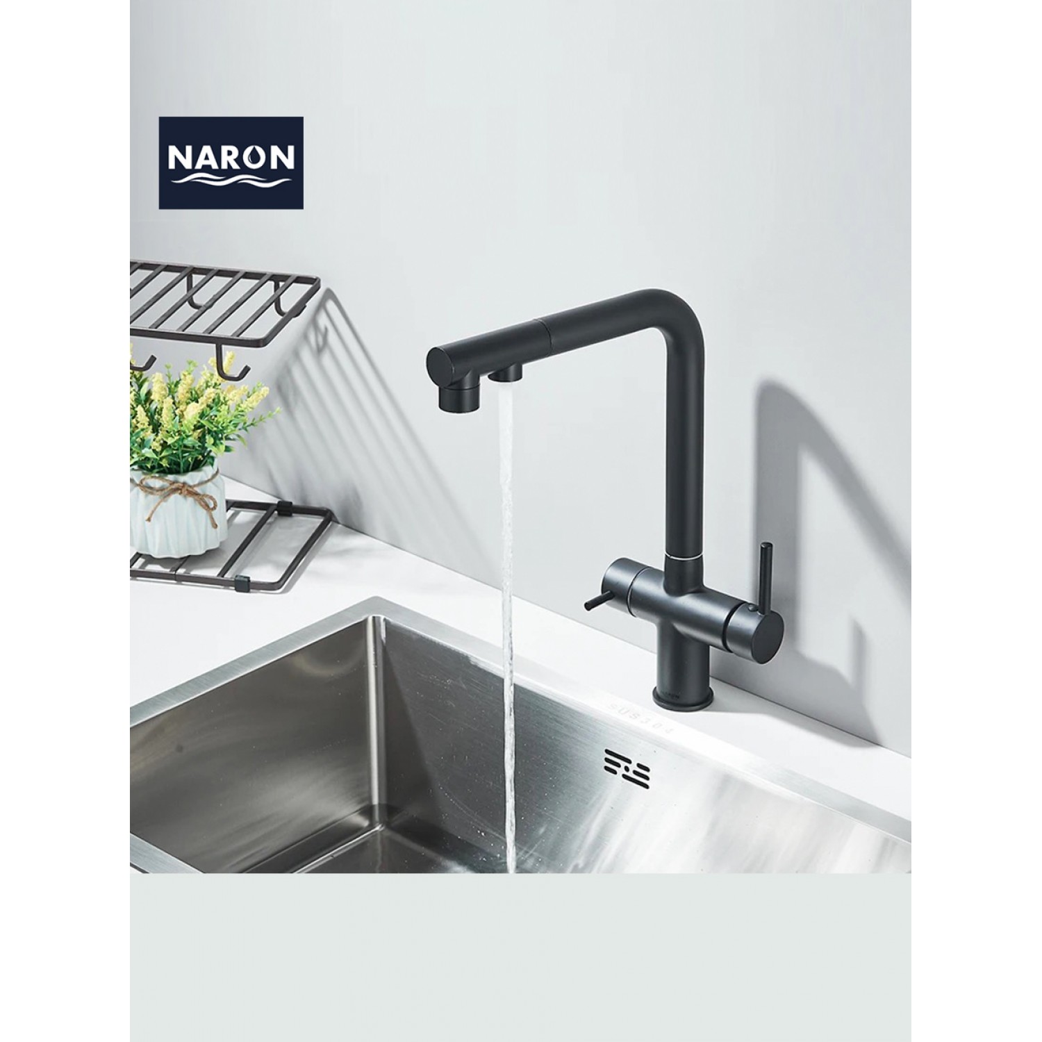 NARON Τρίοδη Μπαταρία Κουζίνας με προεκτεινόμενο ντουζ διπλής ροής NR1088 BLACK MAT