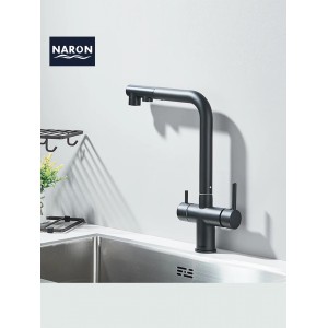 NARON Τρίοδη Μπαταρία Κουζίνας με προεκτεινόμενο ντουζ διπλής ροής NR1088 BLACK MAT