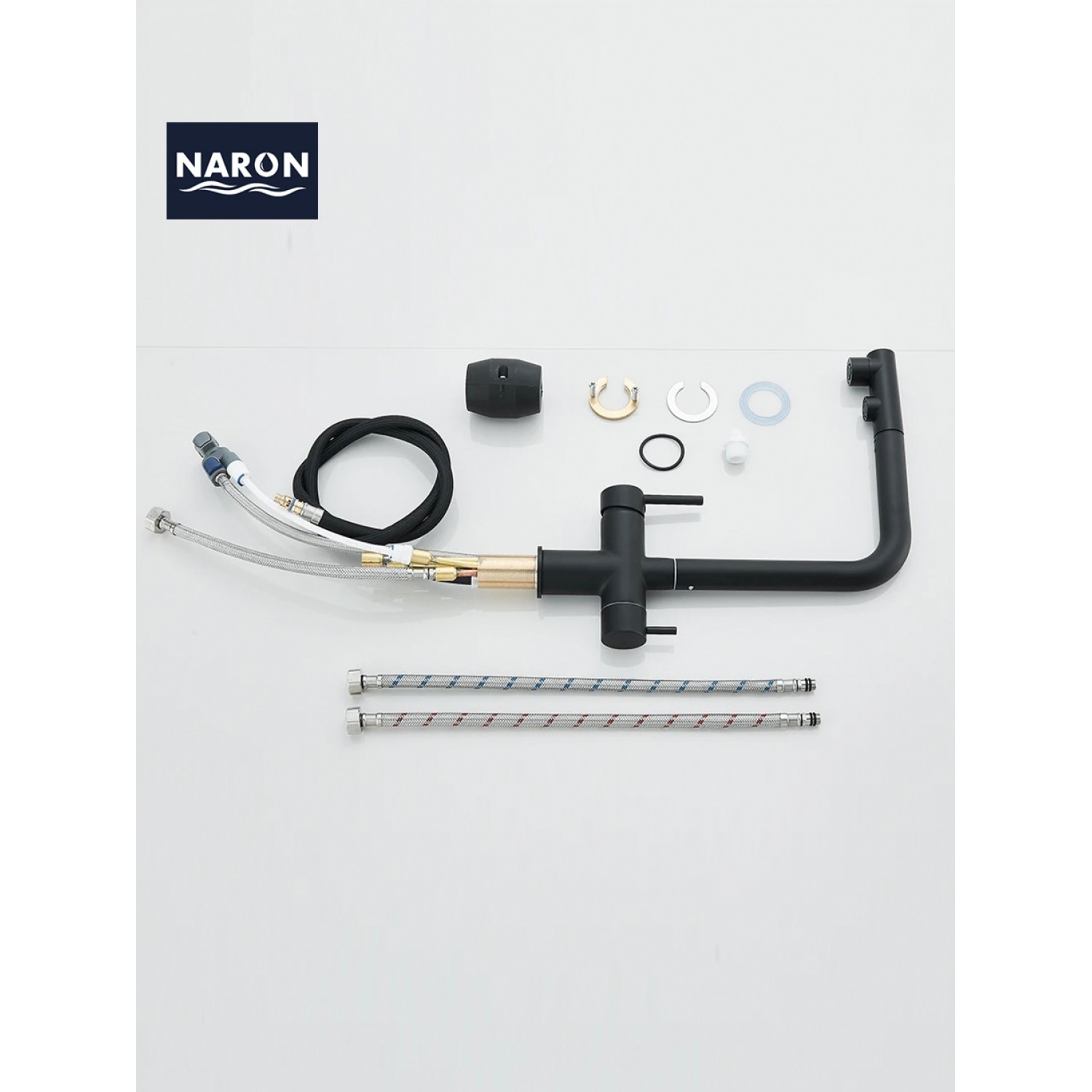 NARON Τρίοδη Μπαταρία Κουζίνας με προεκτεινόμενο ντουζ διπλής ροής NR1088 BLACK MAT