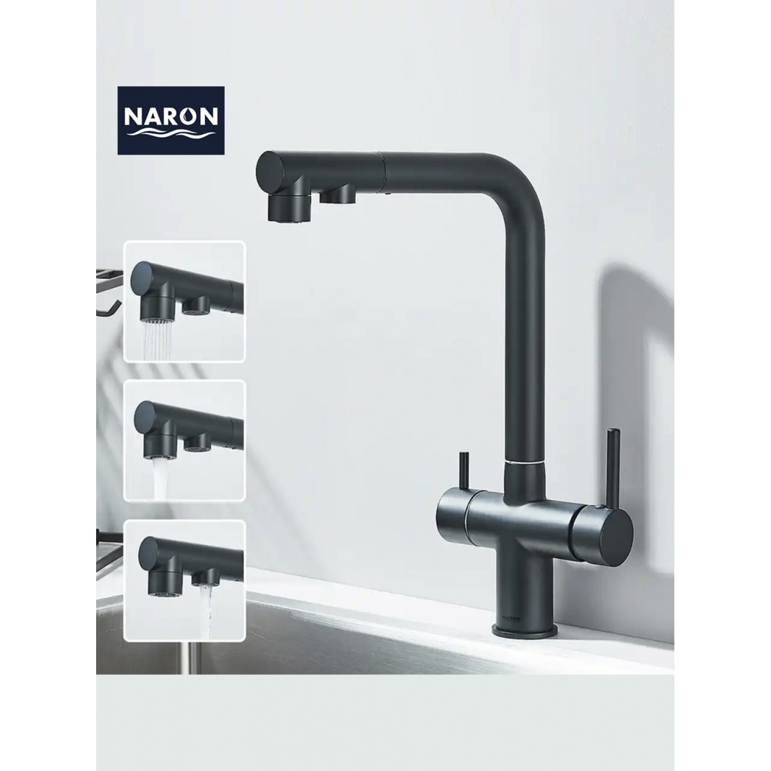 NARON Τρίοδη Μπαταρία Κουζίνας με προεκτεινόμενο ντουζ διπλής ροής NR1088 BLACK MAT