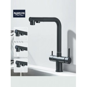 NARON Τρίοδη Μπαταρία Κουζίνας με προεκτεινόμενο ντουζ διπλής ροής NR1088 BLACK MAT