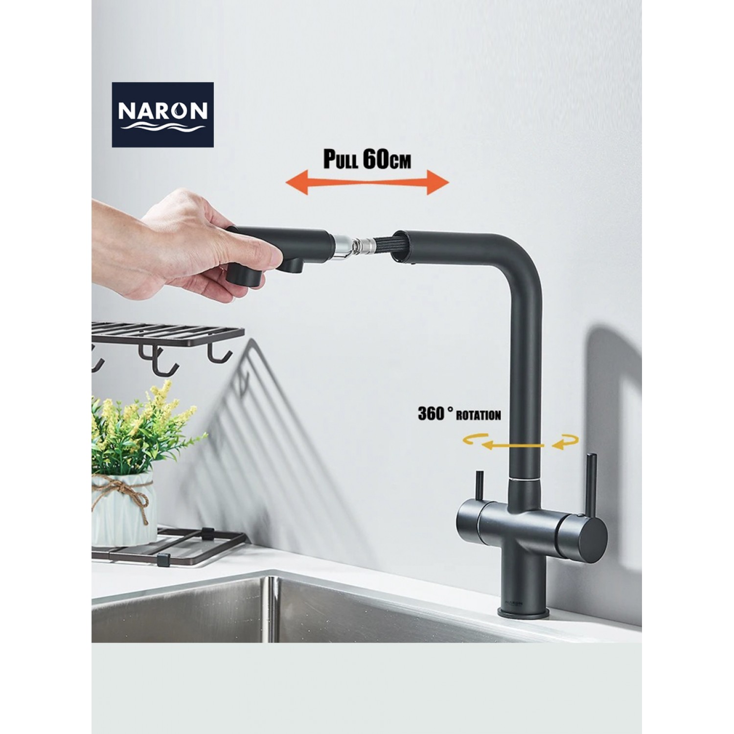 NARON Τρίοδη Μπαταρία Κουζίνας με προεκτεινόμενο ντουζ διπλής ροής NR1088 BLACK MAT