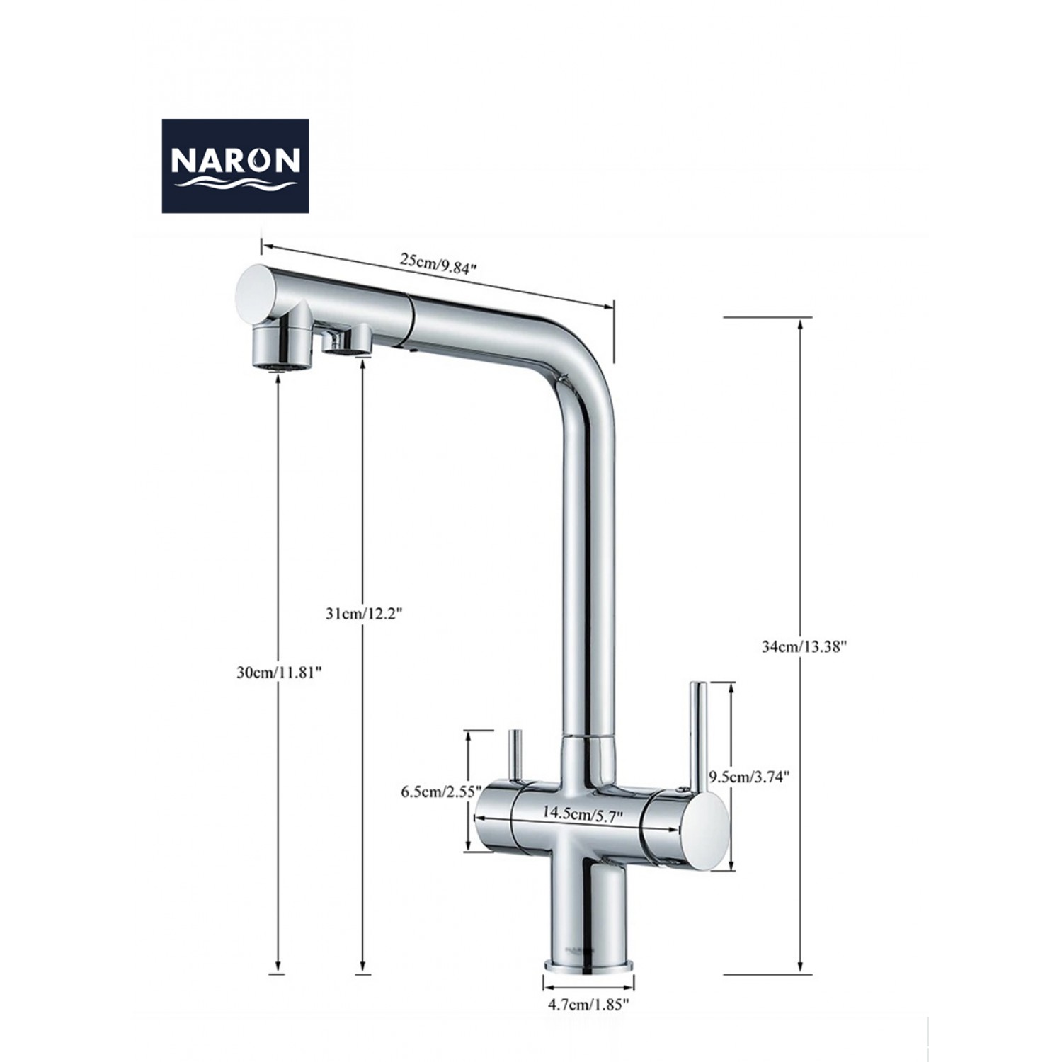 NARON Τρίοδη Μπαταρία Κουζίνας με προεκτεινόμενο ντουζ διπλής ροής NR1088 CHROME