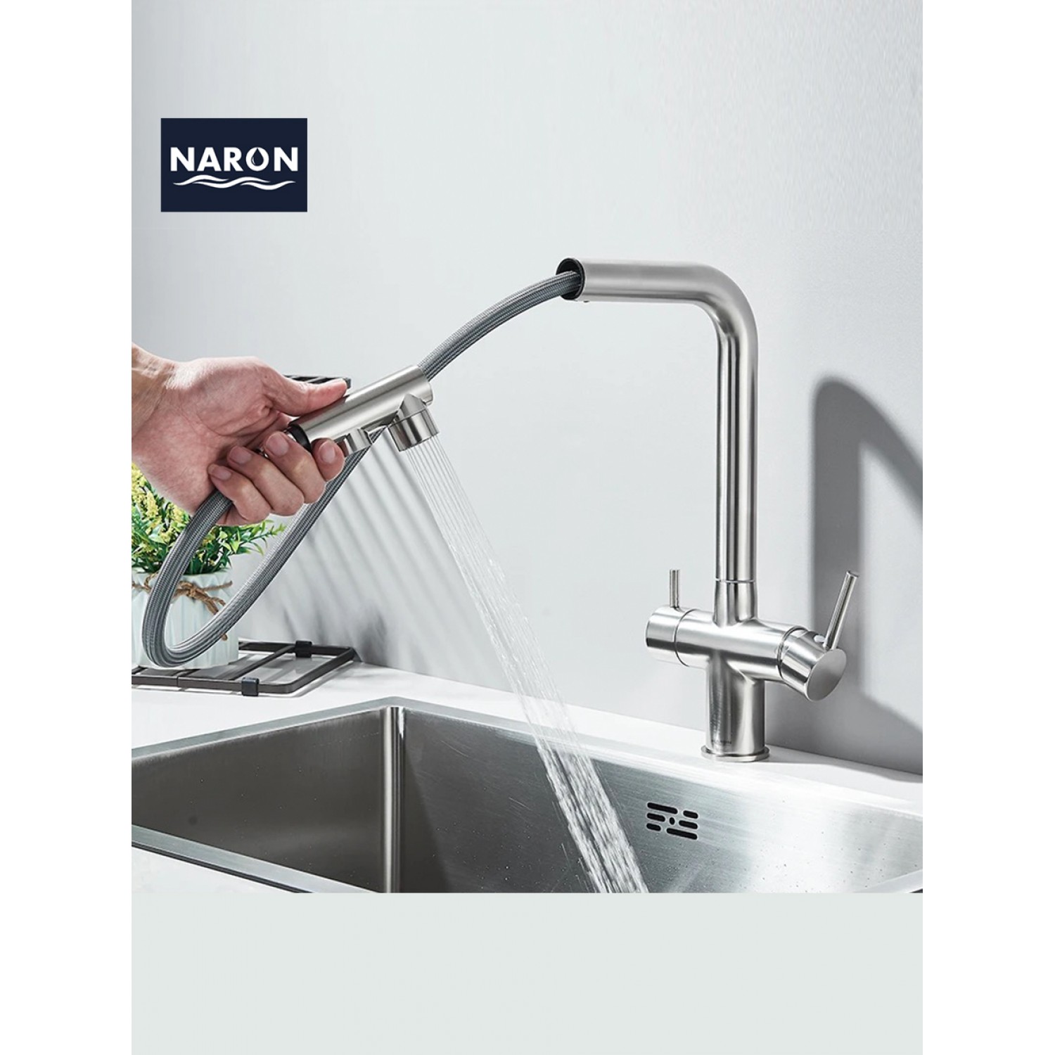 NARON Τρίοδη Μπαταρία Κουζίνας με προεκτεινόμενο ντουζ διπλής ροής NR1088 MAT NICKEL