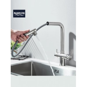NARON Τρίοδη Μπαταρία Κουζίνας με προεκτεινόμενο ντουζ διπλής ροής NR1088 MAT NICKEL